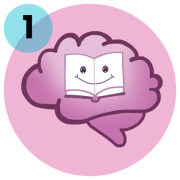 Cartoon purple brain with an open book at its center on a pink circle, overlapping a blue '1' badge in the top-left.