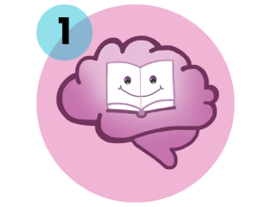 Cartoon purple brain with an open book at its center on a pink circle, overlapping a blue '1' badge in the top-left.
