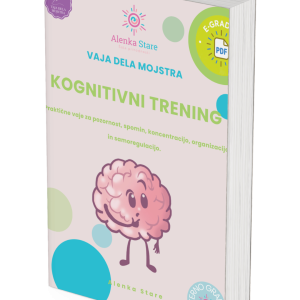 Book cover for 'Kognitivni trening' by Alenka Stare, featuring a cheerful cartoon brain and pastel design elements.