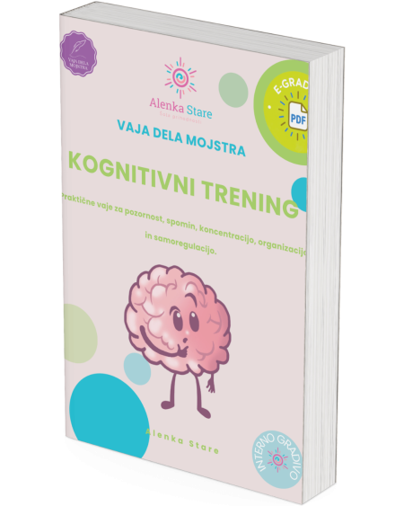 Book cover for 'Kognitivni trening' by Alenka Stare, featuring a cheerful cartoon brain and pastel design elements.