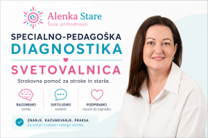 Banner for Alenka Stare: specialized pedagogical diagnostics and counseling for children and seniors; smiling woman on the right.