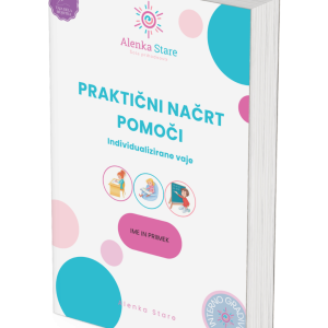 Book cover: 'Praktični načrt pomoči' with subtitle 'Individualizirane vaje' by Alenka Stare, colorful blue/pink circles