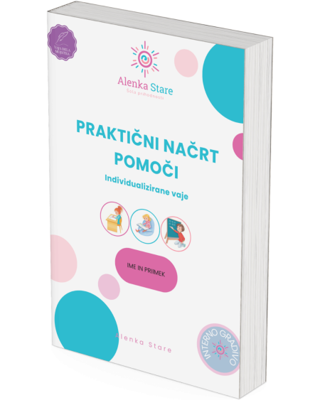 Book cover: 'Praktični načrt pomoči' with subtitle 'Individualizirane vaje' by Alenka Stare, colorful blue/pink circles
