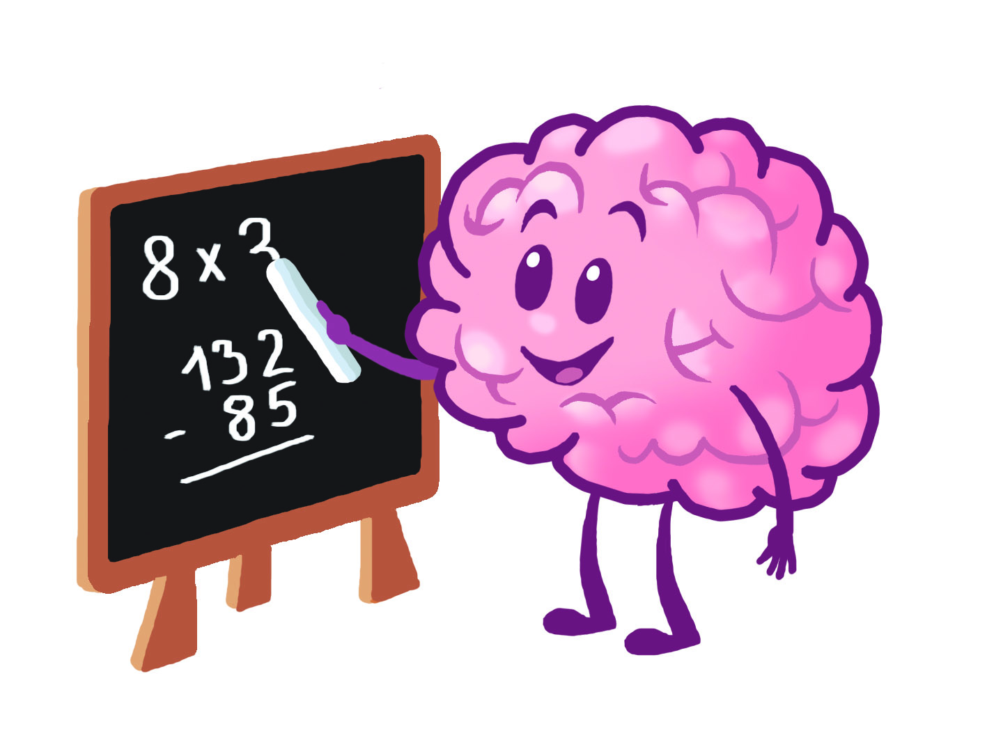 Cartoon pink brain with a chalk in hand writing a math problem on a blackboard, as if teaching.