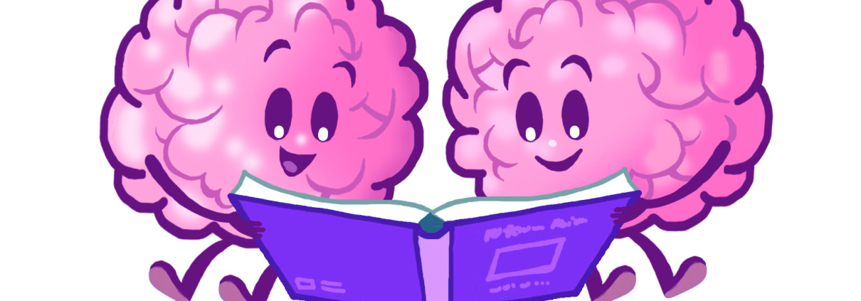 možgančka bereta jpg cmyk - Alenka Stare Two pink cartoon brains reading a purple book together.