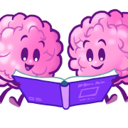 Two pink cartoon brains reading a purple book together.