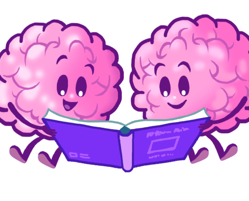 Two pink cartoon brains reading a purple book together.