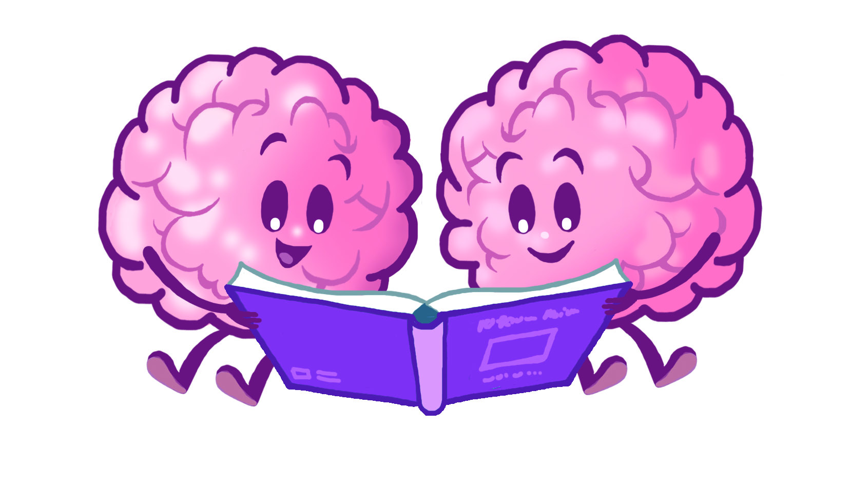 Two pink cartoon brains reading a purple book together.